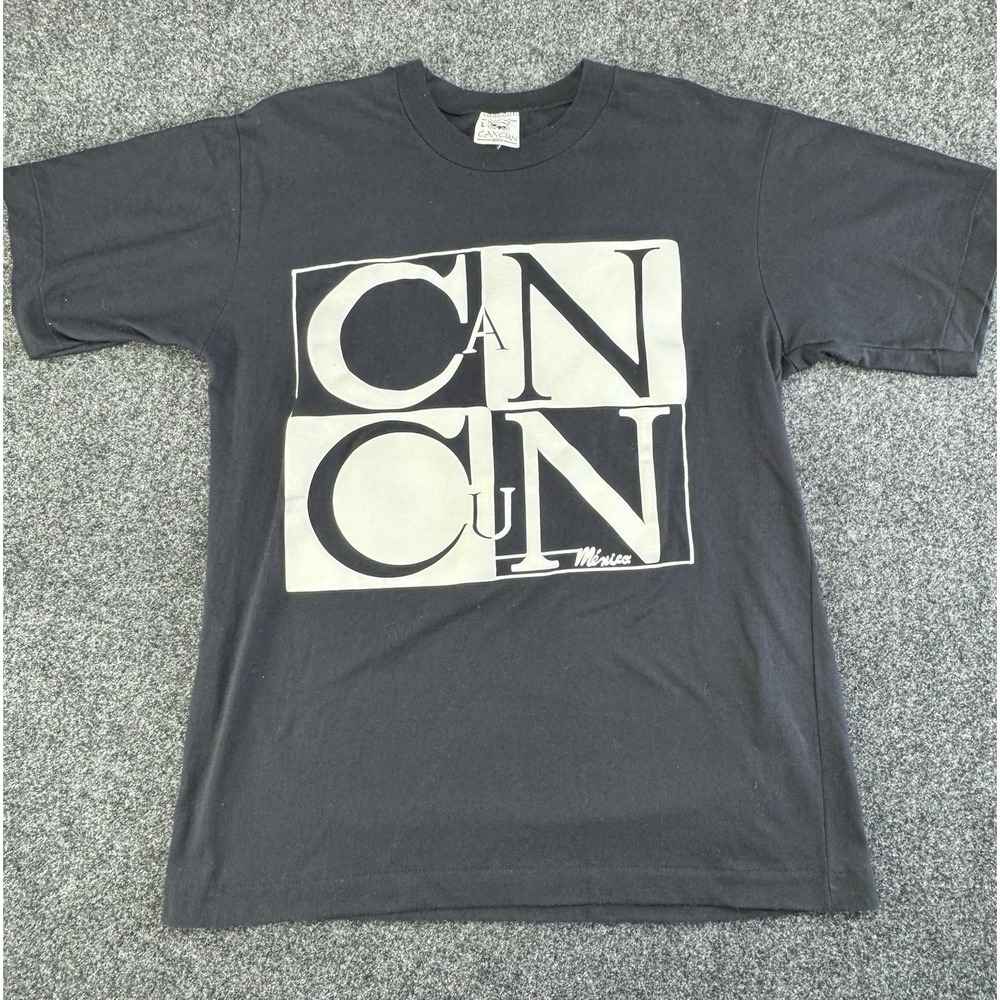 Vintage 90s Cancun Mexico Graphic T-Shirt Black Tourist Tee Large